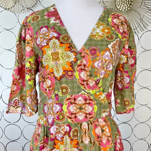 Floral Maxi Wrap Dress Womens 38 Green Pink Boho Cottage Feminine Puff Sleeve - Picture 8 of 15